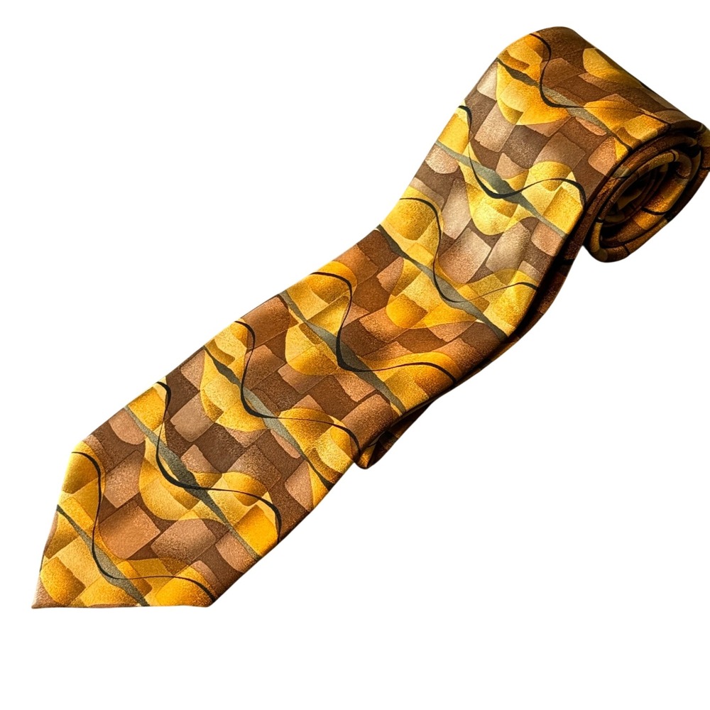 J. Garcia Mens Silk Tie‎ Gold Brown Abstract Blue Iceberg Collection 36 2003